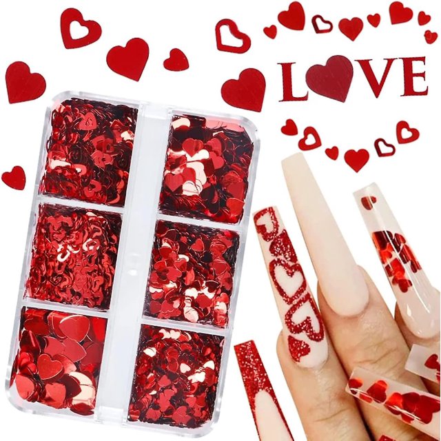 6 Rejillas Corazón Rojo Brillo De Uñas Lentejuelas Corazón 3d Pegatinas De Arte De Uñas Calcomanías Brillo De San Valentín Para Diseño De Uñas Amor Escamas De Uñas Día De San V