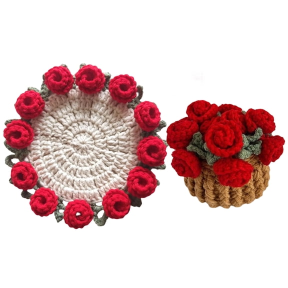 Handmade Crochet Coaster Set with Mini Storage Basket, Boho Floral Rose Coasters for Coffee Table, Vintage 3D Flower Drink Mat, Unique Housewarming & Wedding Gift(A)