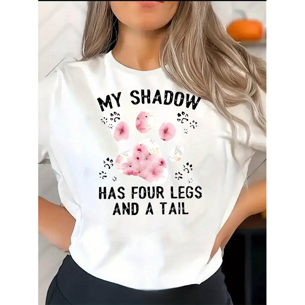 Camiseta De Verano Para Mujer, Cuello Redondo, Para Mochilero, Vacaciones En La CalleWomen's Casual Chic Pink Paw Print T-Shirt - Comfy Knit Crew Neck, Short Sleeve, Stretchy Polyester Blend, Machin