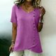 thumbnail image 4 of Craaazy Women's Lightweight Relaxed Fit V Neck Blouse, Solid Color Short Sleeve Cotton Linen Top, Comfy Asymmetric Hem Button Accent Tee for Work & Weekend Gifts, 4 of 9