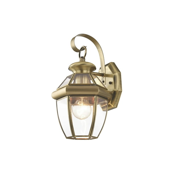 Livex Lighting 2051-01 Monterey 1 Light Outdoor Antique Brass Finish Solid Brass Wall Lantern with Clear Beveled Glass