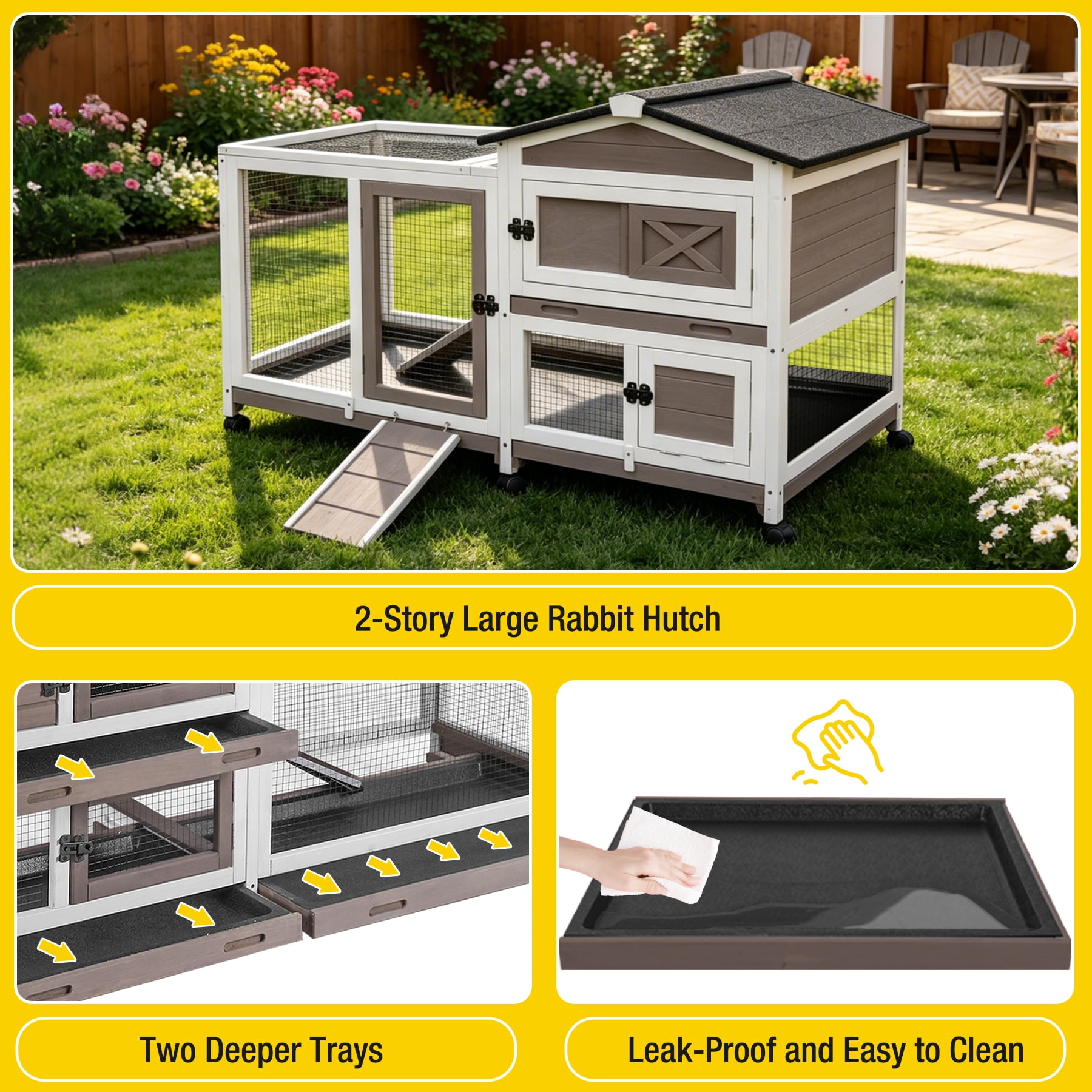 Aivituvin Rabbit Hutch Bunny Cage Outdoor & Indoor with Wheels, Two Layer Guinea Pig House with Pull Out Tray, Chew-Proof Ramp, Waterproof Roof