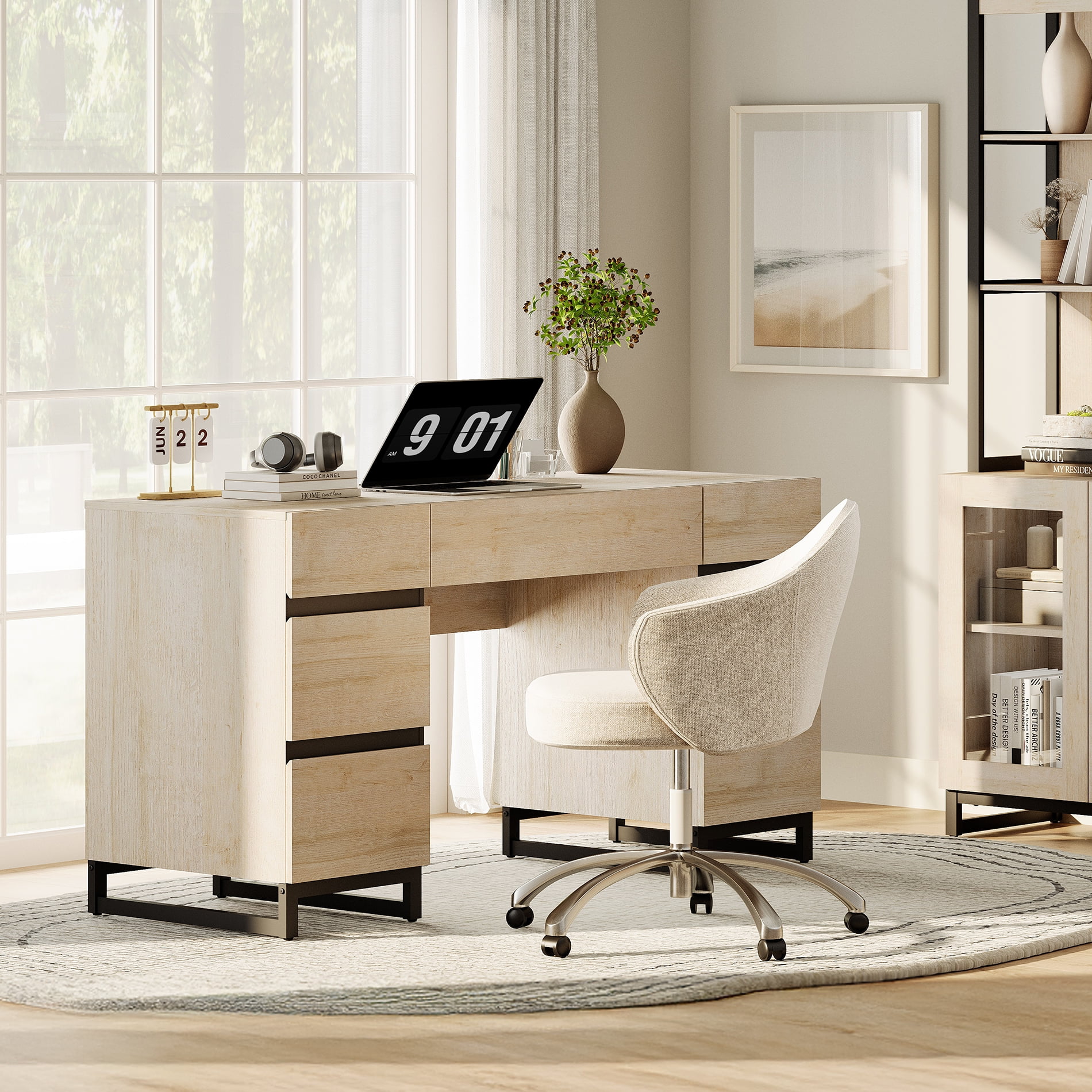 WAMPAT Office Furniture Set: 59in Modern Executive Desk with Charging Station & Drawers and Two 72in Tall Bookcases With 3 Tiers And 4 Cabinets,Home Office Furniture for Living Room, Beige