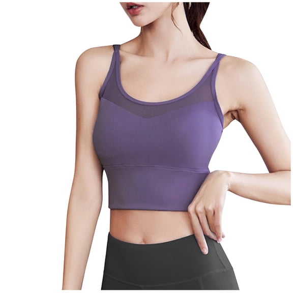 Fmbrln Womens Sports Bra Thin Strap Solid Color Camisole Push Up Mesh Panel Comfy Running Yoga Bras Purple M