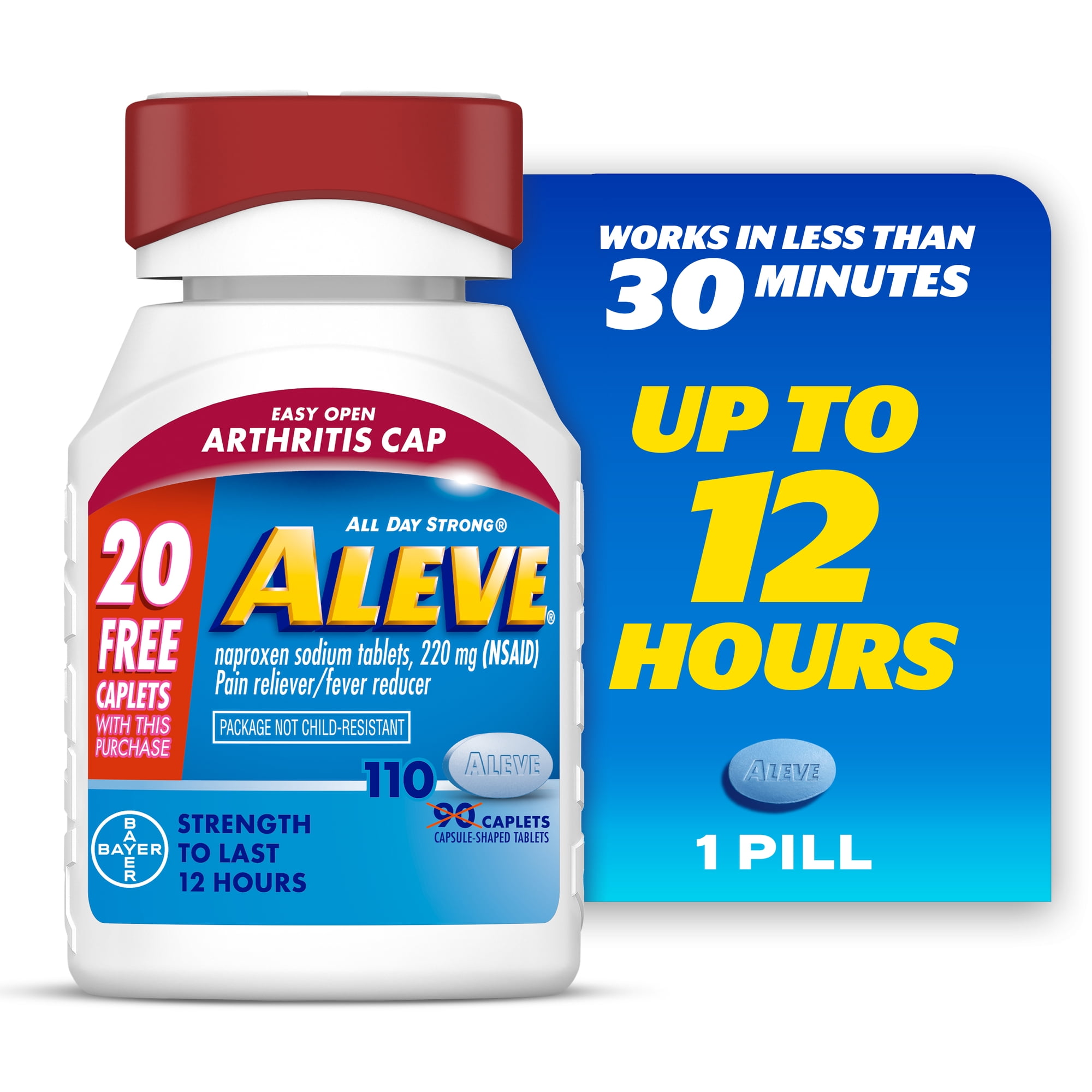 Aleve Caplets Easy Open Arthritis Cap Naproxen Sodium Pain Reliever, 90 Count + 20 Count Bonus Pack