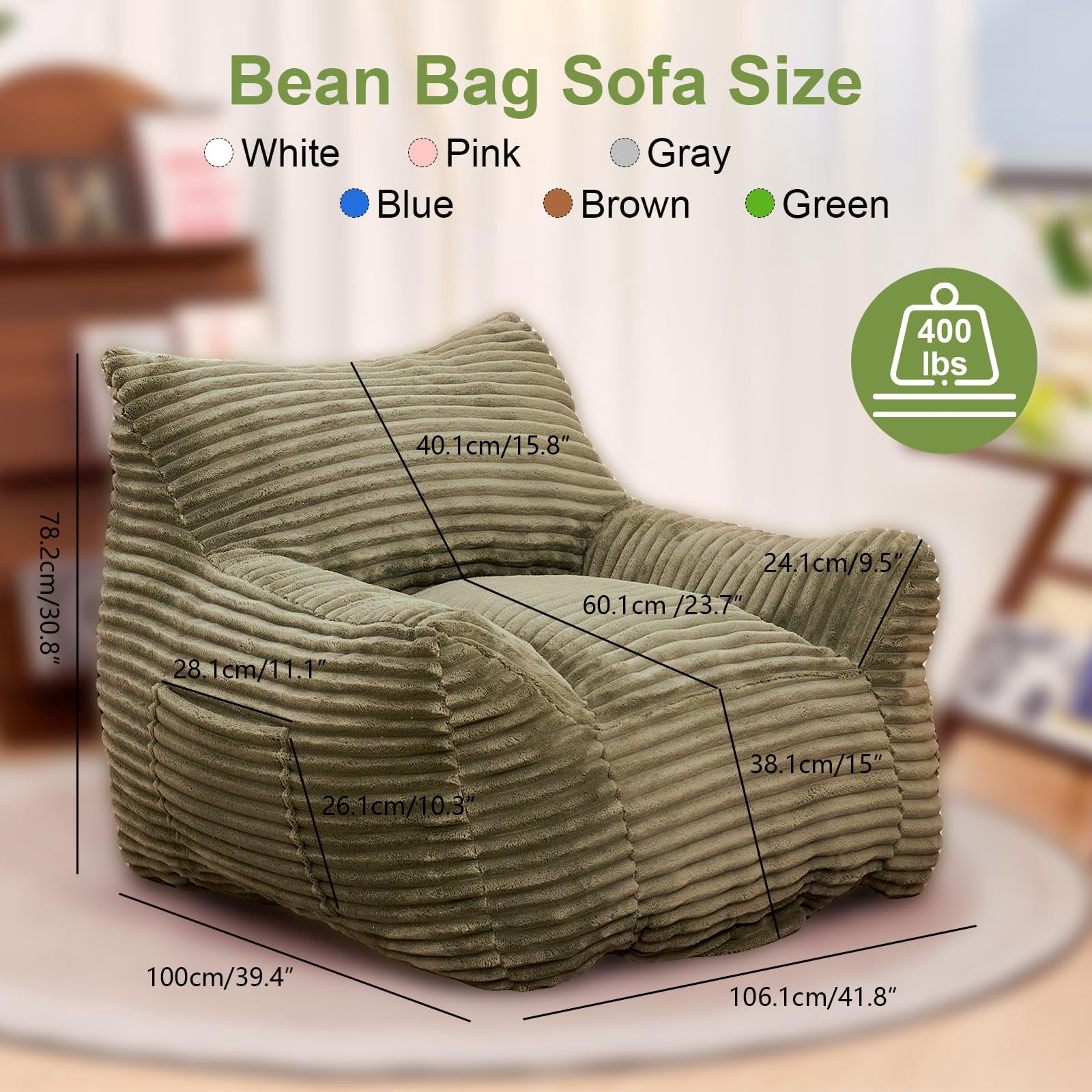 Peispie Giant Bean Bag Chair for Adults, Wide Seat Comfy Corduroy Floor Sofa with Armrests, Shredded Memory Foam Lazy Lounger, Oversized Gaming & Reading Chair for Bedroom 400LBS, Green