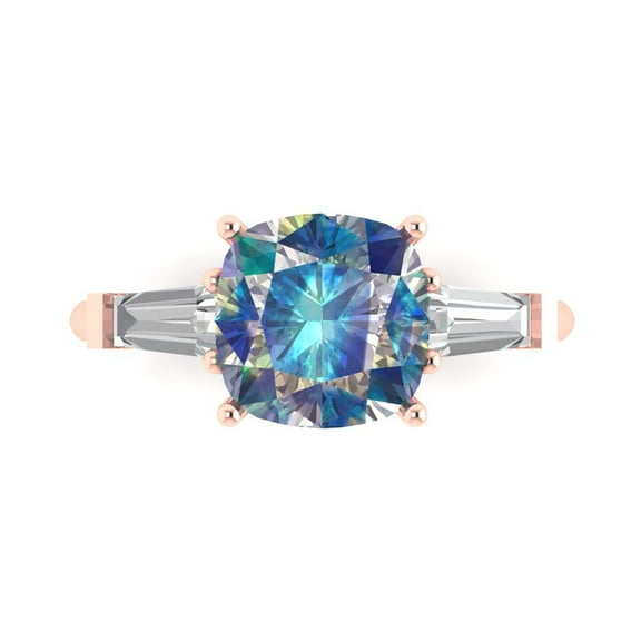 Clara Pucci 14K Rose Gold 3ct BlueMoissanite Three-Stone Ring for Women