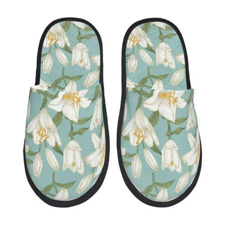 

Slippers for Women/Men - Lilies Flowers Cyan Soft Plush Warm Slip-on Slippers House Slippers Indoor House Shoes