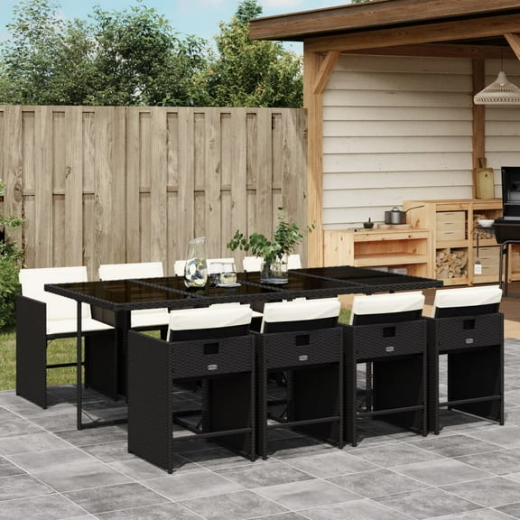 vidaXL 9 Piece Patio Dining Set with Cushions Black Poly Rattan