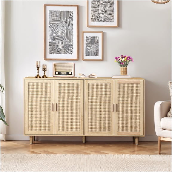 JERFIT 4-Door Rattan Storage Cabinet with Adjustable Shelves, 62.2 Inch Farmhouse Organizer for Living Room, Bedroom & Office, Natural Finish