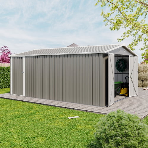 Villeston Outdoor Storage Shed 10×14 FT with 3 Lockable Doors,4 Vents,for Backyard Patio Lawn, Light Grey