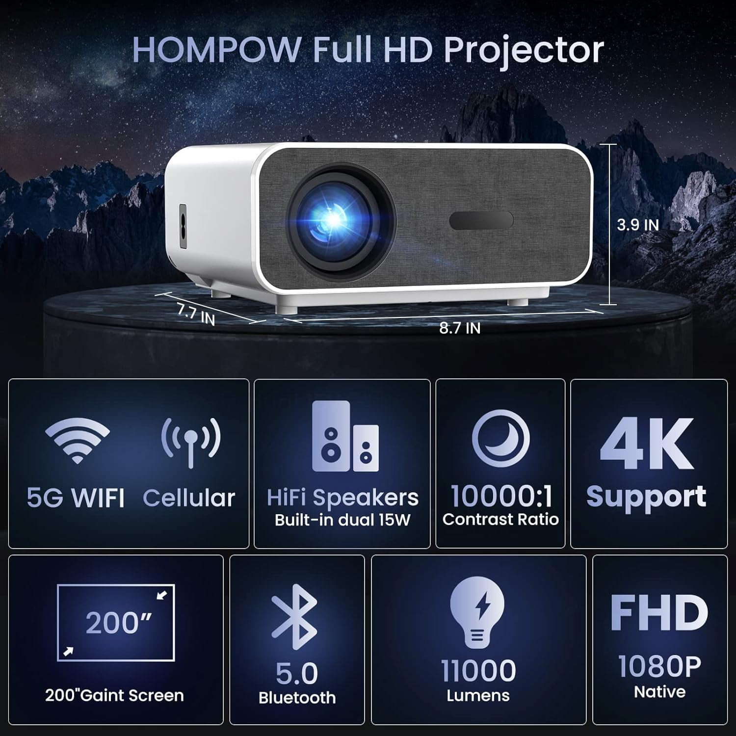 HOMPOW Projector, Native 1080P Full HD Bluetooth store Projector with Speaker, 9500 Lu