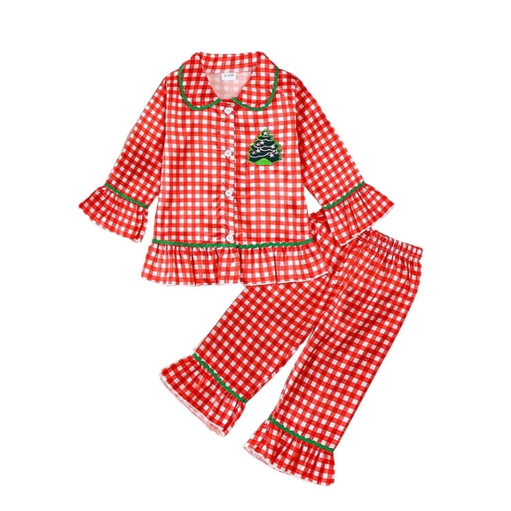 Wenfanal Boys Pajamas 2 Pieces Pajamas for Kids Soft Childrens Christmas Set Girls Cute Christmas Tree Checkered Print Long Sleeved Pajamas 2PCS Set Size 12-18 Months,Red