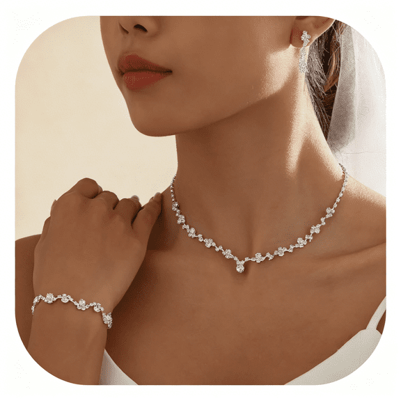 DESIGNICE Silver Jewelry Sets for Women Rhinestone Necklace Dangle Earrings Bracelet Set Bridal Wedding Jewelry Sets for Brides Bridemaid Prom Costume Accessories Jewelry
