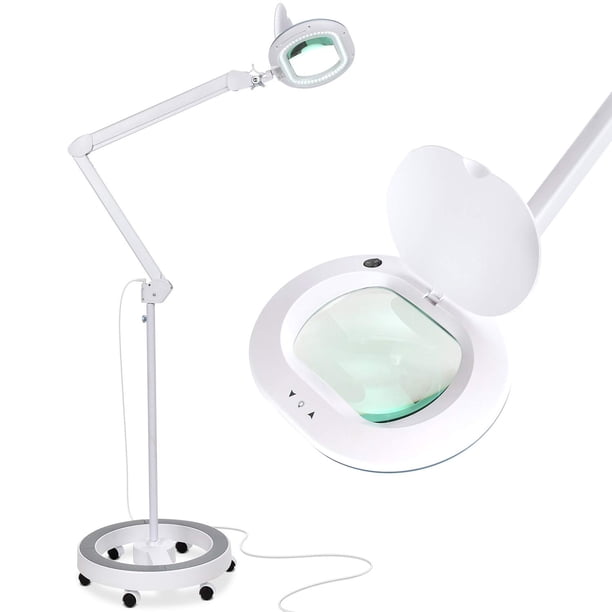 Brightech LightView Pro Lupa con soporte y luz - Lámpara de pie con lupa con 6 ruedas sobre una base resistente para tratamientos faciales - Luz de trabajo LED con lupa XL para manualidades y proyecto