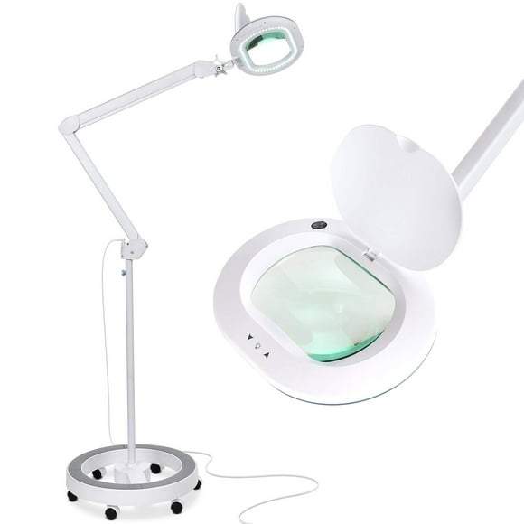 Brightech LightView Pro Lupa con soporte y luz - Lámpara de pie con lupa con 6 ruedas sobre una base resistente para tratamientos faciales - Luz de trabajo LED con lupa XL para manualidades y proyecto