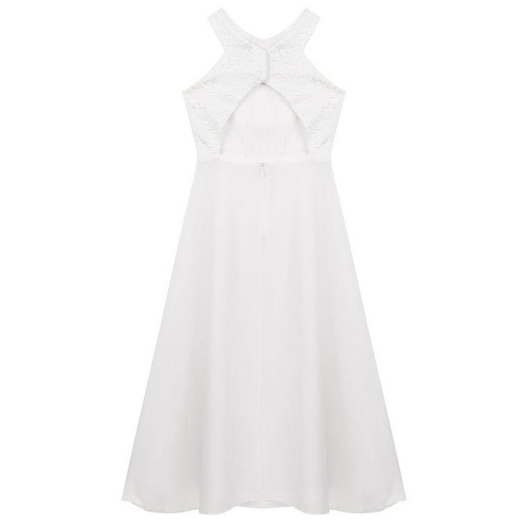 Sinleey Girls Lace Bodice Cutout-neck Chiffon Junior Bridesmaid Long Dress Wedding Formal Event Gown White 10, Girl's