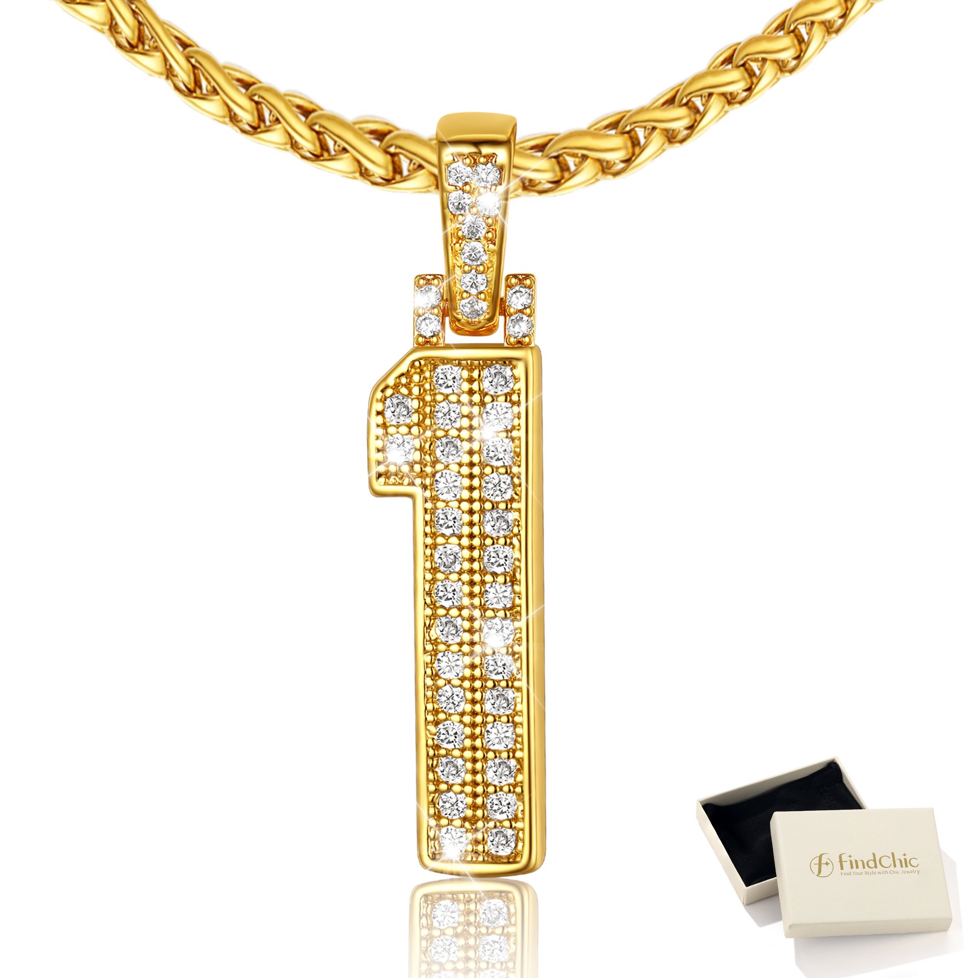 FindChic Men Sport Number Pendant Necklace, 14K Gold Plated Wheat Chain Necklace with 1 Number Charm Hip Hop Personalized Jewelry for Men, 22" to 24"