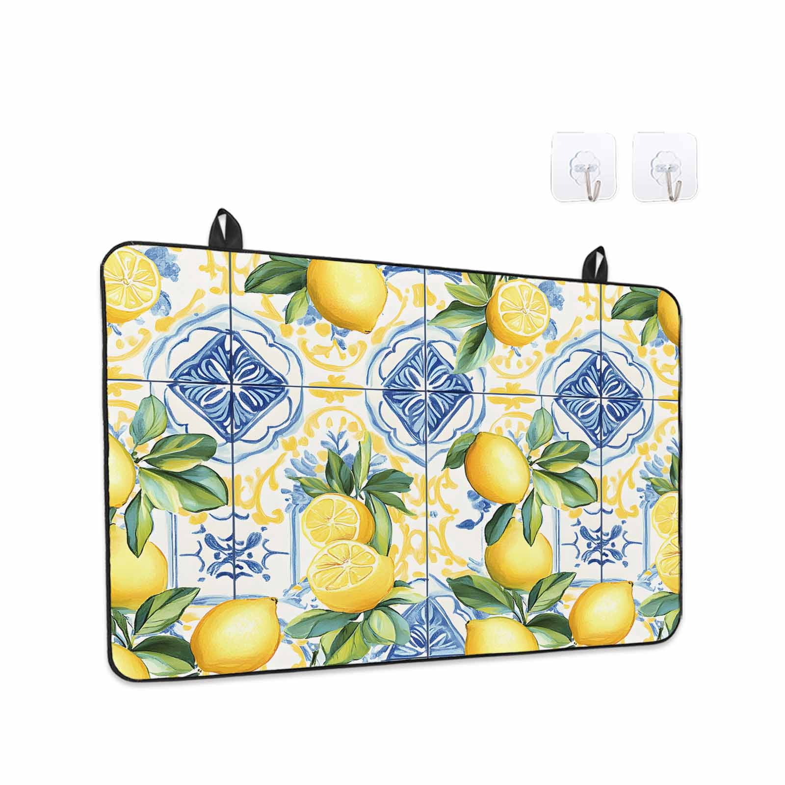 Botanical Lemon Stove Top Cover for Electric Stove, Heat-proof & Non Slip Glass Top Stove Cover Protector, Spring Countryside Floral Blue Tile Kitchen Flat Cooktop Rubber Mat 24x21 Inches
