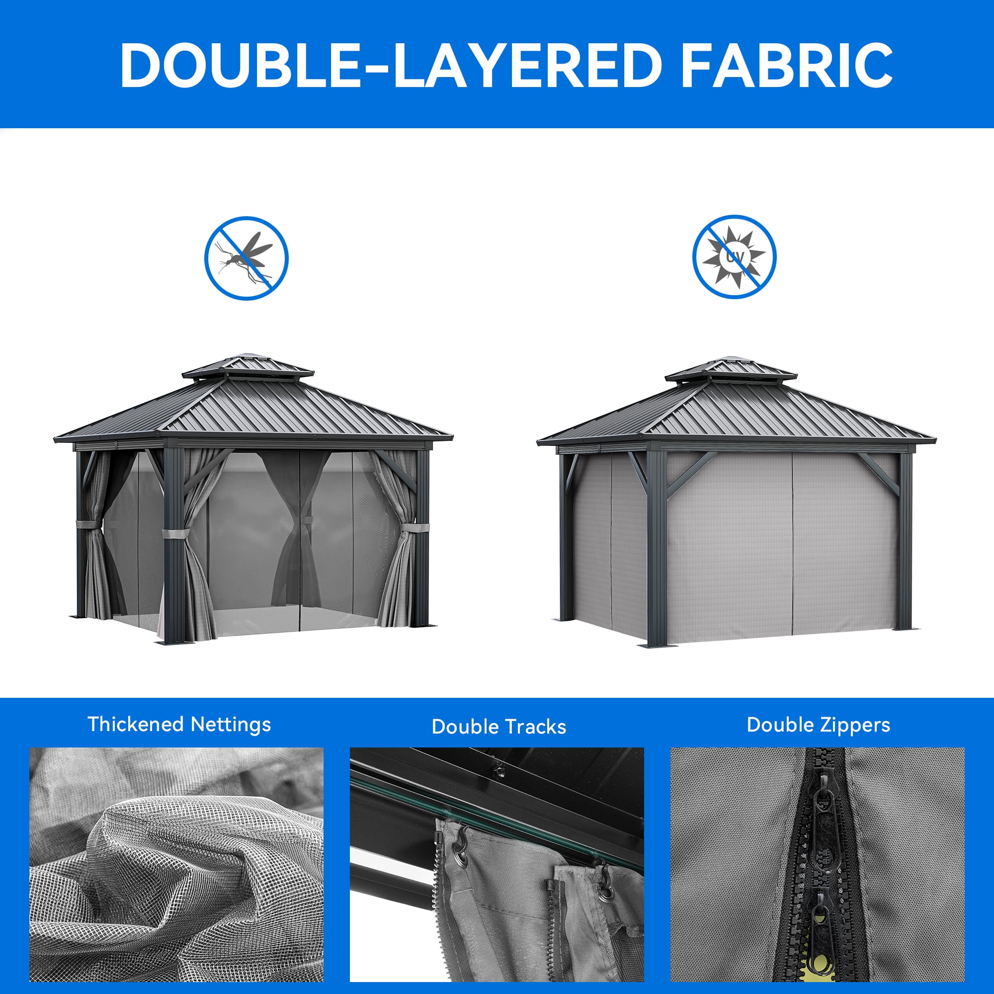 Dextrus 10ft x10ft Double Roof Hardtop Gazebo with Netting&Curtains, Metal Outdoor Pavilion,Ideal for Patio Lawn and Garden,Black,Grey Curtain