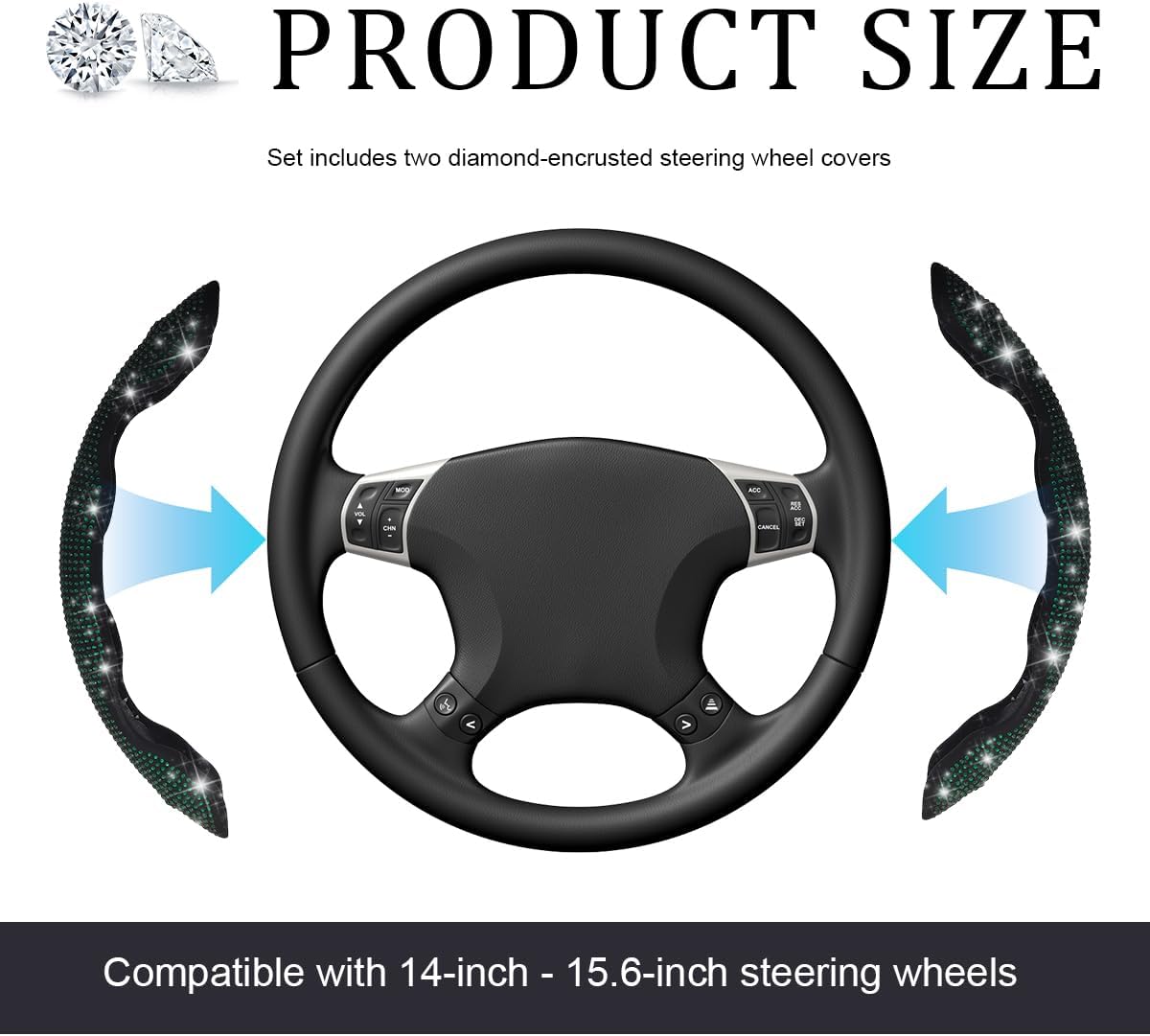 2 PCS Steering Wheel Cover, 15 Inches Crystal Diamond Bling Cover for Auto Steering Wheels, Safety Non-Slip Universal Fit Sparkly Steering Wheel Cover, Car Accessories (Green)