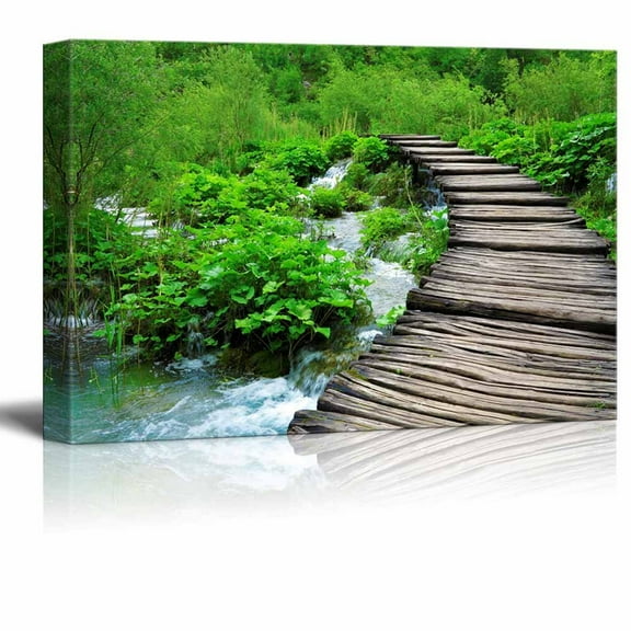 Canvas Prints Wall Art - Wooden Path and Waterfall in Croatia| Modern Home Deoration/Wall Decor Giclee Printing Wrapped Canvas Art Ready to Hang - 24" x 36"