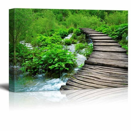 Canvas Prints Wall Art - Wooden Path and Waterfall in Croatia| Modern Home Deoration/Wall Decor Giclee Printing Wrapped Canvas Art Ready to Hang - 24