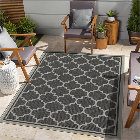 JERFIT Indoor Outdoor Rug 7x10 Anthracite, Trellis Pattern Patio Carpet, All-Weather Polypropylene, Reversible Low Profile Mat for Deck, Pool, Living Room, High Traffic Area