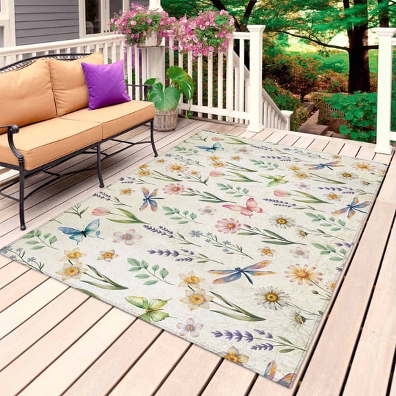 Spring Floral Outdoor Rug 3x5 Ft, Non Slip Washable Area Rug, Elegant Pastoral Flowers Dragonfly Retro Patio Rugs Carpet Runner, Large Floor Mat for Indoor/Outdoor Deck Porch Camping