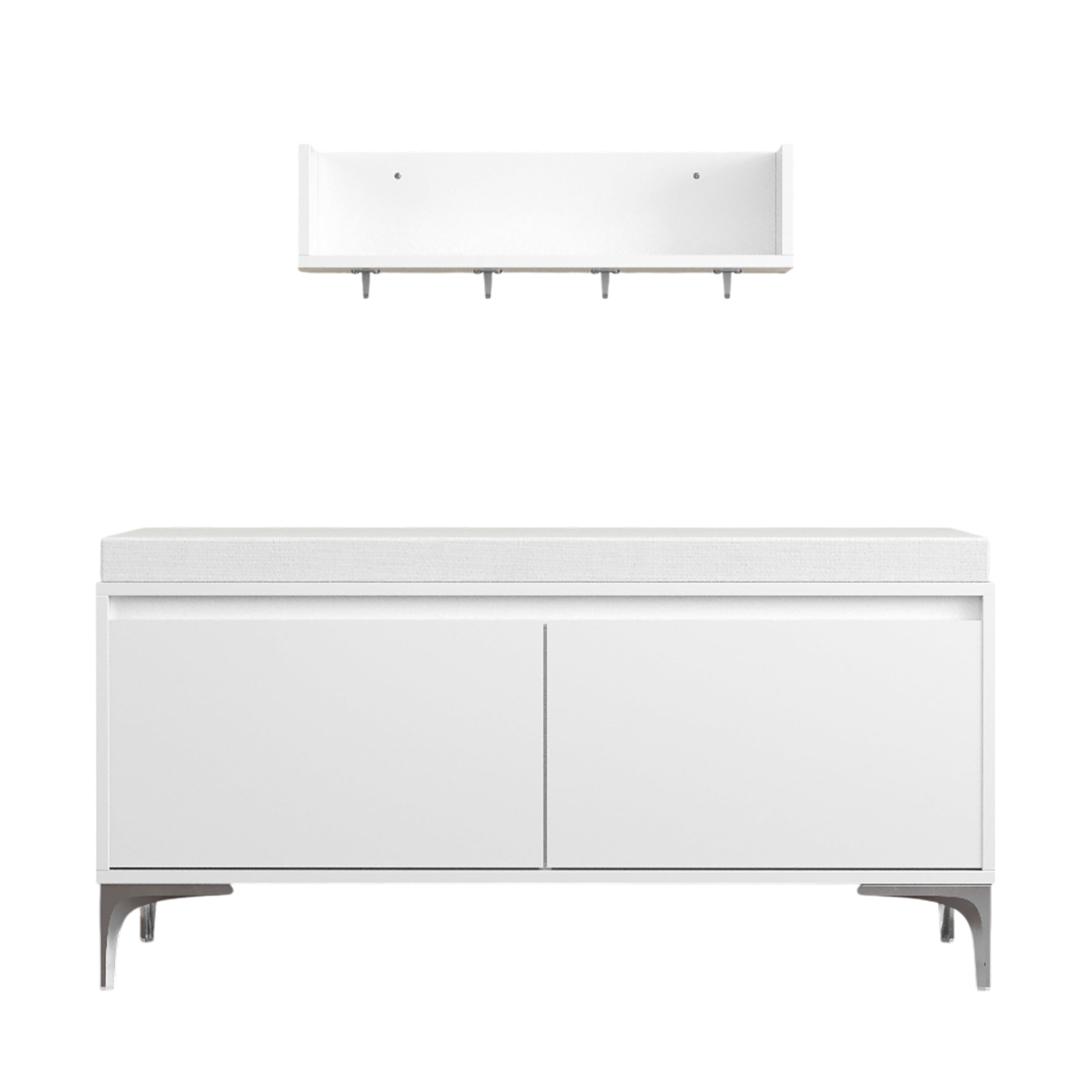 Wall-Mounted Entryway Shelf with Hooks and Storage Bench Set, Modern White Shoe Cabinet with Cushion and Closed Storage for Hallway, Bedroom, or Mudroom