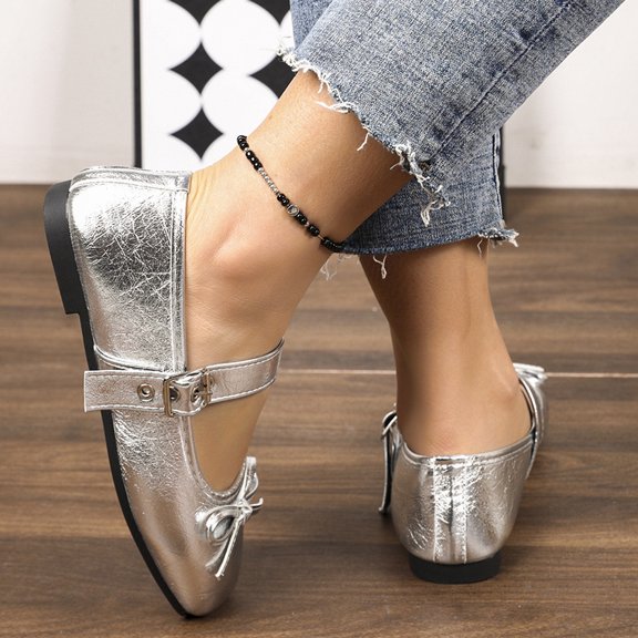 Generic Ballet Flats with Bowknot Detail for Women, Round Toe Pull-On Slippers with Lace Up, Lightweight Casual Dress Shoes