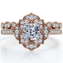 JeenMata Art Deco Milgrain Filigree - 1.75 Carat Cushion Moissanite - Vintage Cluster - Pave Channel Bridal Ring Set - 18K Rose Gold Plating Over Silver