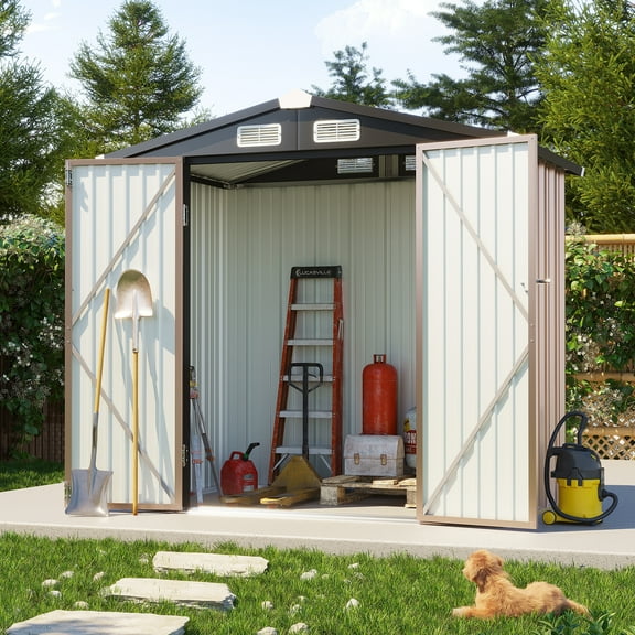 BaPiPro 6'x4' Outdoor Metal Storage Shed, Outdoor Storage, Lockable Garden Tool Shed with Vents, Upgraded Frame Structure for Backyard, Brown