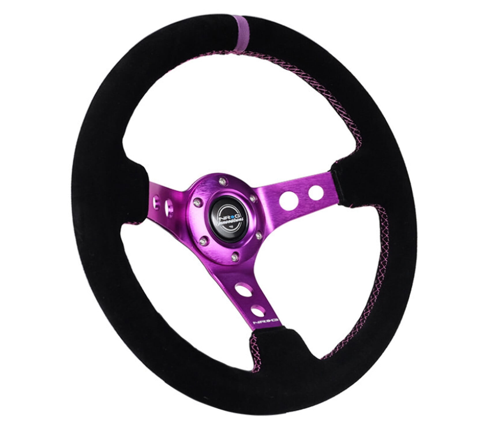 NRG Reinforced Steering Wheel (350mm / 3in. Deep) Black Suede w/Purple Center Purple Stitching