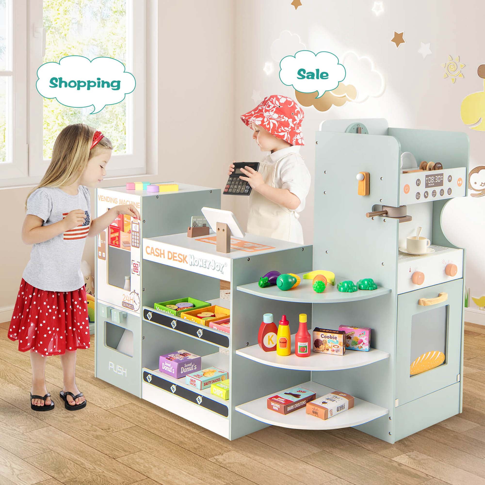 Costway Kids Grocery Store Playset with Vending Machine Checkout Counter Coffee Maker