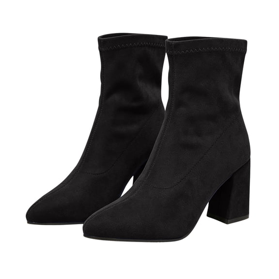 SAWOBUUN Women's Pointed Toe Ankle Boots Faux Suede Stretch Pull On Chunky Block Heel Sock Boots Fashion Casual Daily Booties