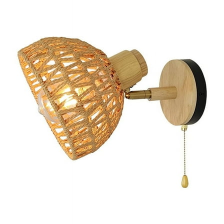 Rattan Wall Sconces Retro Japanese Style Bedside Wall Lamp for Bedroom Living Room Wall Light Zipper Lights US Plug