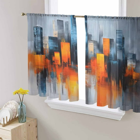 Blue Burnt Orange Sheer Curtains 54 Inches Length 2 Panels Set, Window Sheer Curtains for Living Room/Bedroom, Modern Oil Painting Geometric Abstract Light Filter Rod Pocket Curtain 52'' x 54'' x 2