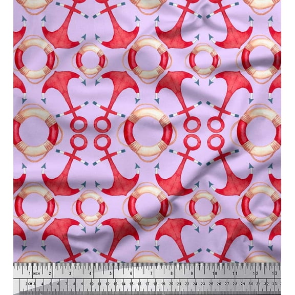 Soimoi Purple Velvet Fabric Life Ring & Anchor Hook Nautical Printed Fabric 1 Yard 58 Inch Wide