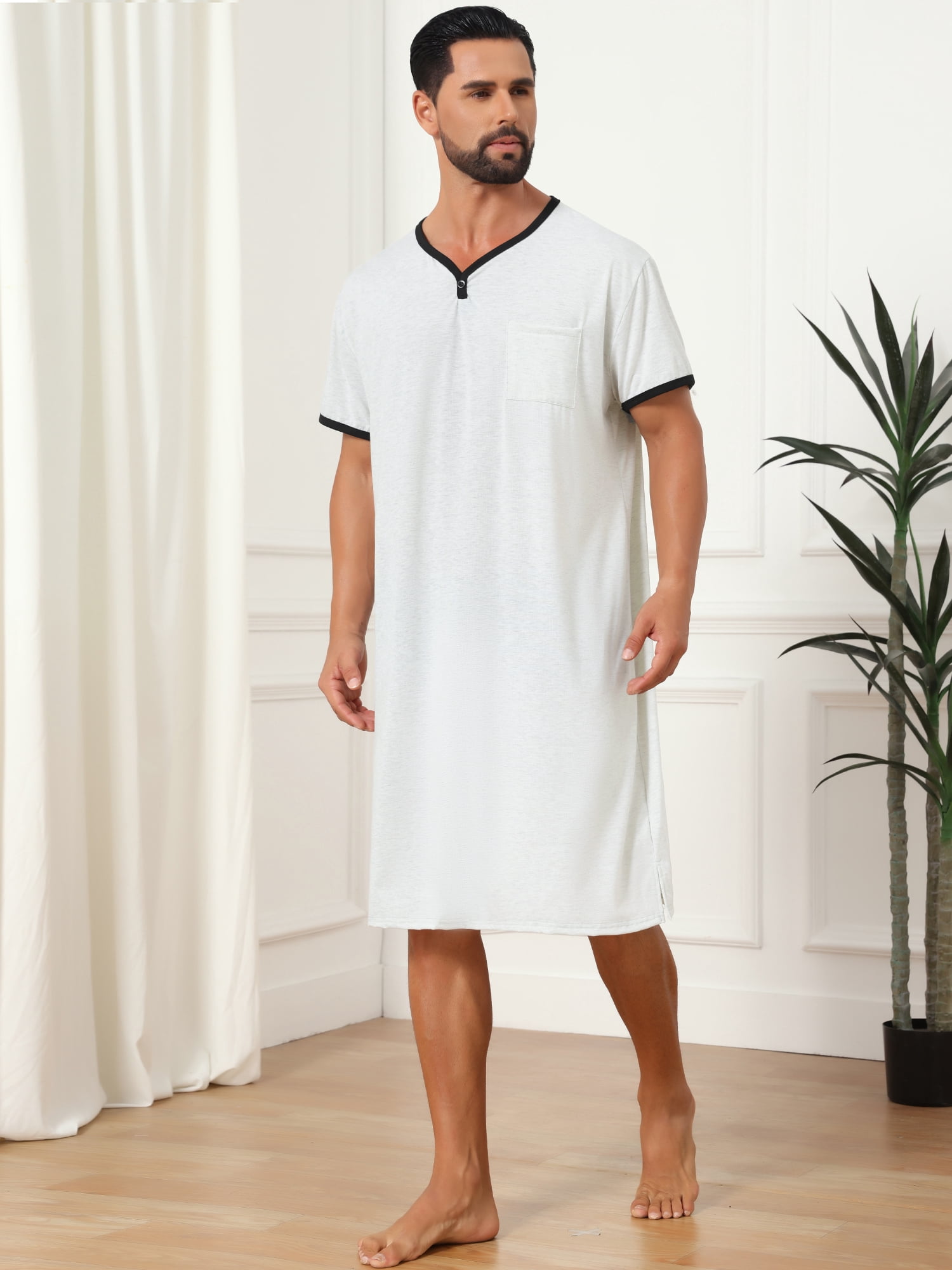 DARING DIVA Men's V-Neck Colorblock Trim Short Sleeve Chest Pocket Pajama M Light Gray