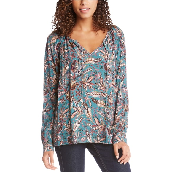 Karen Kane Blusa campesina estampada para mujer, azul, XS
