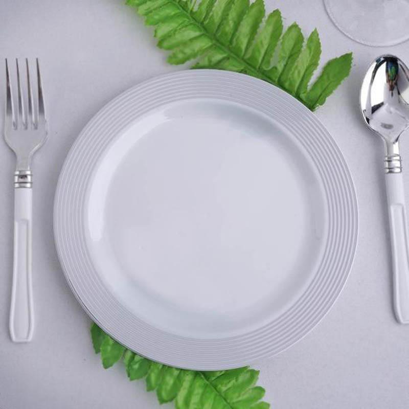 Efavormart 20 Pack 8" Silver Striped Rim White Plastic Disposable Salad Dessert Plates For