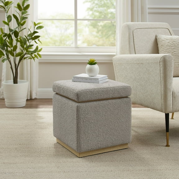Linon Elta Square Storage Ottoman, Light Gray Sherpa