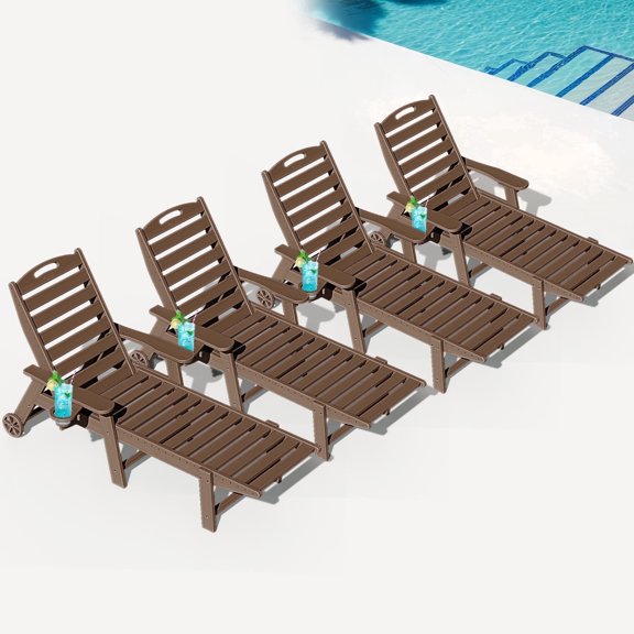 Wood Look Set of 4 HDPE Outdoor Chaise Lounge Chair, Rolling Pool Lounger, Brown