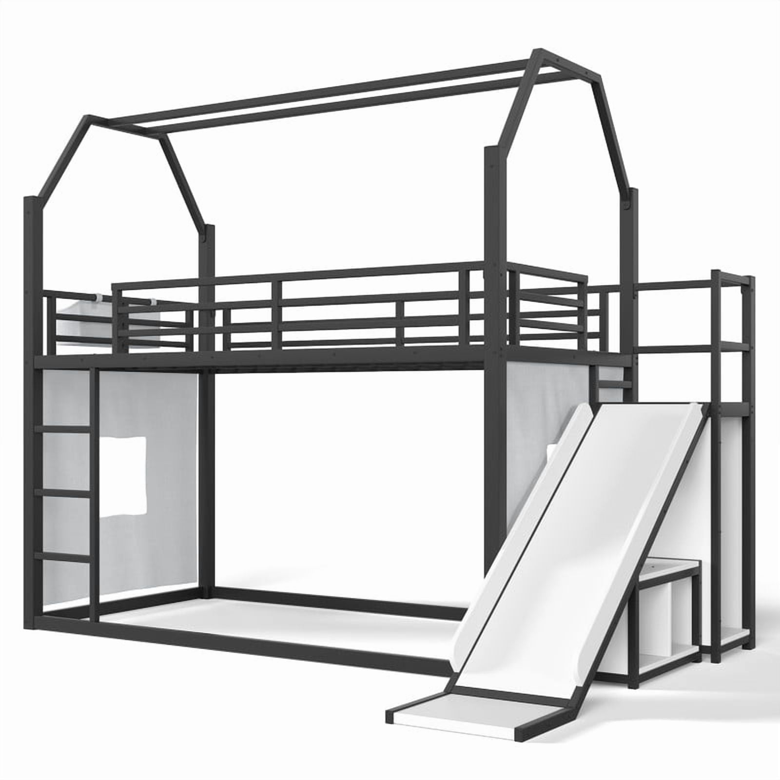 Twin Size House Bunk Bed with Slide, LED Lights, Clothes Rack, Storage Bags & Shelves, Metal Kids Bunk Bed with Guardrails, Playhouse Design, No Box Spring Needed