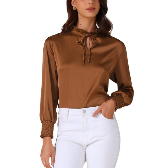 DARING DIVA Women's Satin Long Sleeve Mock Neck Self Tie Work Shirts XS Dark Brown