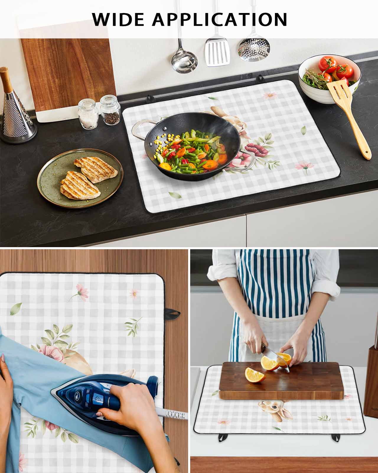Large Induction Cooktop Protector Mat Easter Stove Top Covers for Electric Stove, Spring Watercolor Bunny Flower Leaf Grey Plaid Decorative Stove Burner Cover Mats, Glass Top Stove Cover
