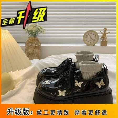 

HHH Lace-up Loafers Heavy Industry Butterfly Patent Leather Lace-up Chunky Heel Platform Pumps Student British Style Stylish Leather Shoes Female