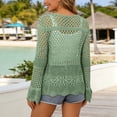 thumbnail image 4 of JIAYUE Women's Swimsuit Cover-Ups Solid Color Long Sleeve V Neck Lace Up Knit Scalloped Beach Hollow Cardigan Comfortable Swimwear Cover Up Top, 4 of 6