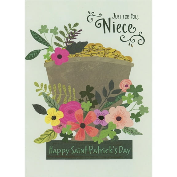 Designer Greetings Pink Flower and Gold Foil Coins in Earthtone Pot and Colorful Flowers St. Patrick's Day Card for Niece